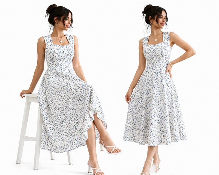 Blue Floral Square Neck Fit & Flare Midi Dress