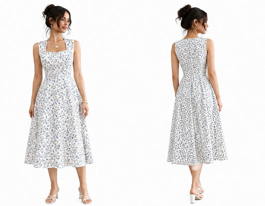Blue Floral Square Neck Fit & Flare Midi Dress
