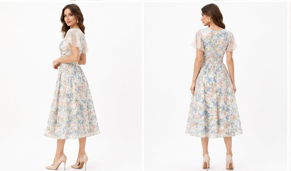 Pastel Bloom Floral Wrap Midi Dress
