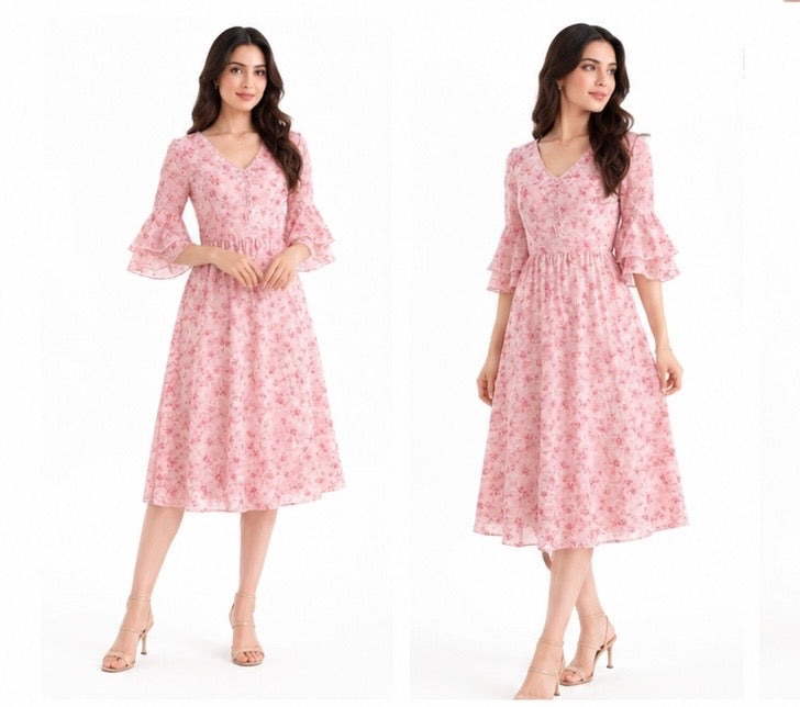 Blush Bloom Floral Georgette Midi Dress with Layered Bell Sleeves