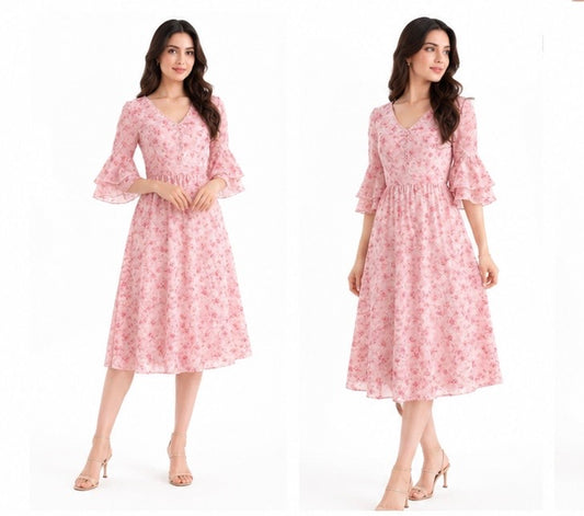 Blush Bloom Floral Georgette Midi Dress with Layered Bell Sleeves