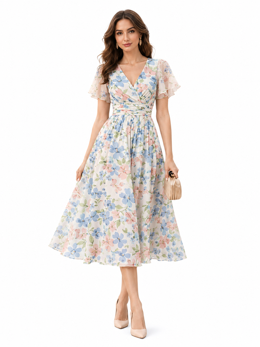 Pastel Bloom Floral Wrap Midi Dress
