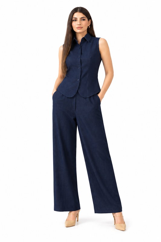Navy Blue Cotton Sleeveless Waistcoat Co-ord Set for Women | Tailored Wide-Leg Pants