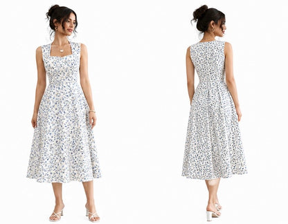 Blue Floral Square Neck Fit & Flare Midi Dress