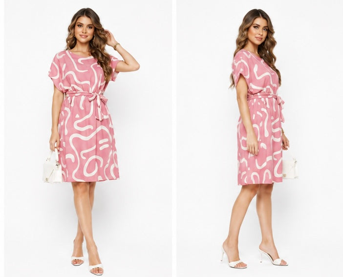 Pink Abstract Print Viscose Belted Dress | Casual Knee-Length Dress for Women