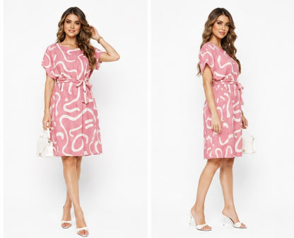 Pink Abstract Print Viscose Belted Dress | Casual Knee-Length Dress for Women