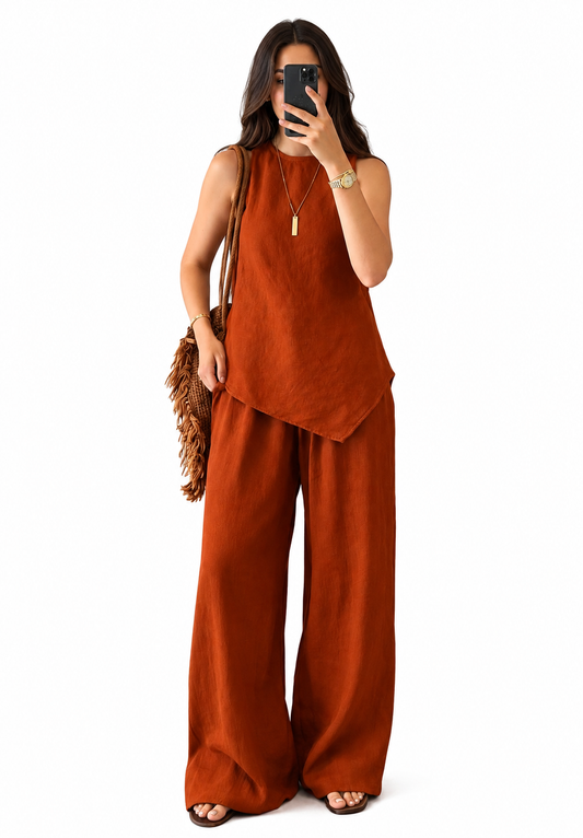 Rust Orange Cotton Co-ord Set for Women | Sleeveless Asymmetrical Top & Wide-Leg Pants