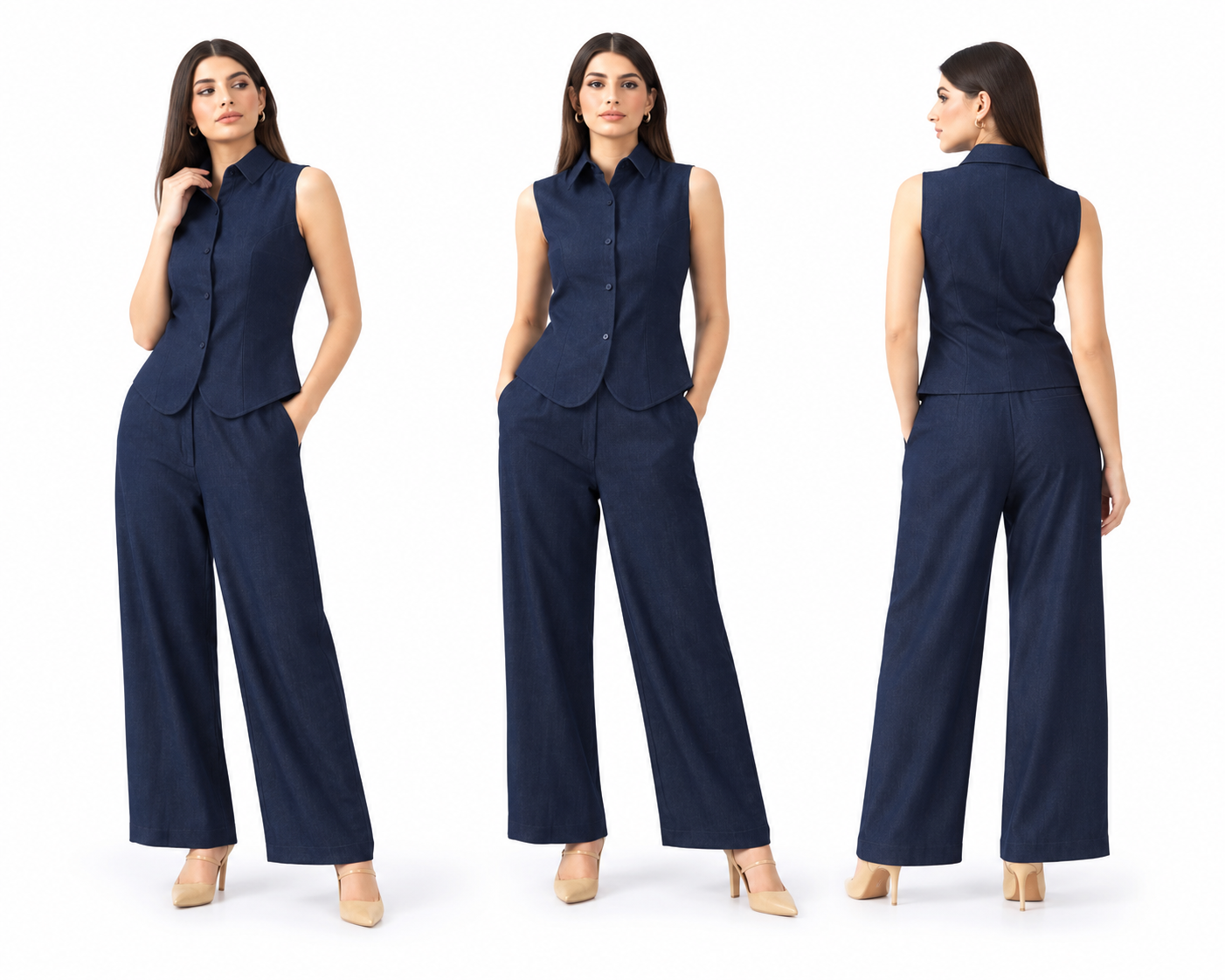 Navy Blue Cotton Sleeveless Waistcoat Co-ord Set for Women | Tailored Wide-Leg Pants