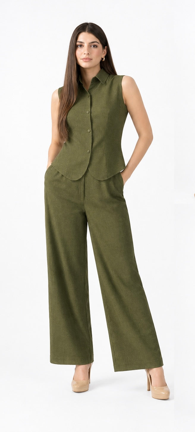Olive Green Cotton Co-Ord Set for Women | Sleeveless Waistcoat & Straight Fit Pants