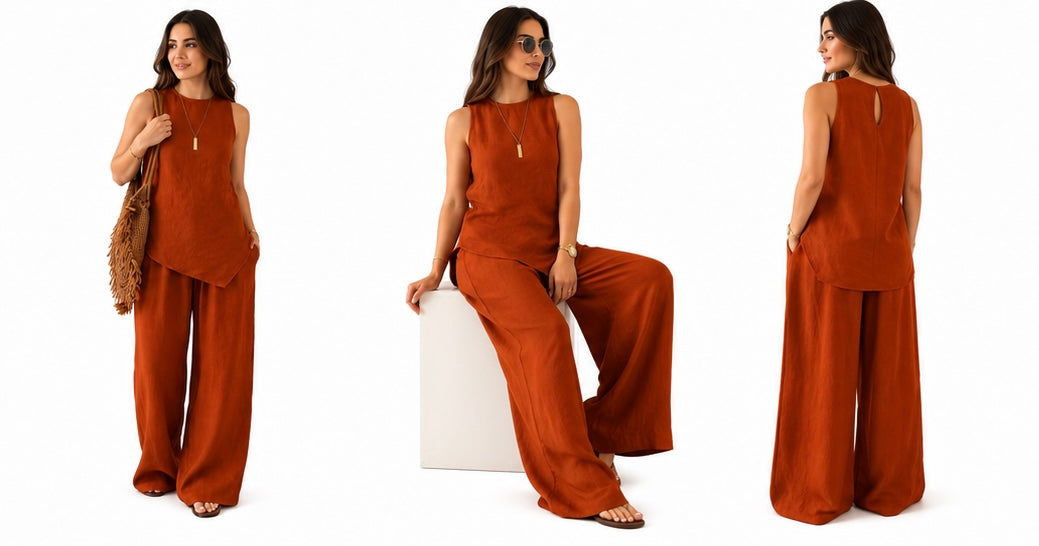 Rust Orange Cotton Co-ord Set for Women | Sleeveless Asymmetrical Top & Wide-Leg Pants
