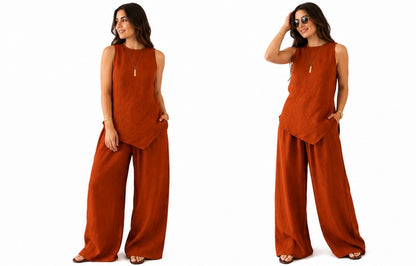 Rust Orange Cotton Co-ord Set for Women | Sleeveless Asymmetrical Top & Wide-Leg Pants