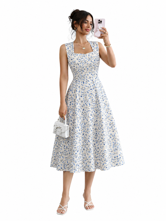 Blue Floral Square Neck Fit & Flare Midi Dress
