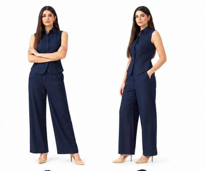 Navy Blue Cotton Sleeveless Waistcoat Co-ord Set for Women | Tailored Wide-Leg Pants