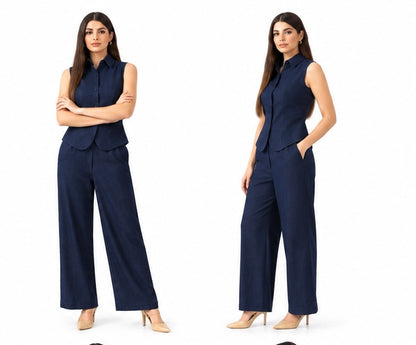 Navy Blue Cotton Sleeveless Waistcoat Co-ord Set for Women | Tailored Wide-Leg Pants