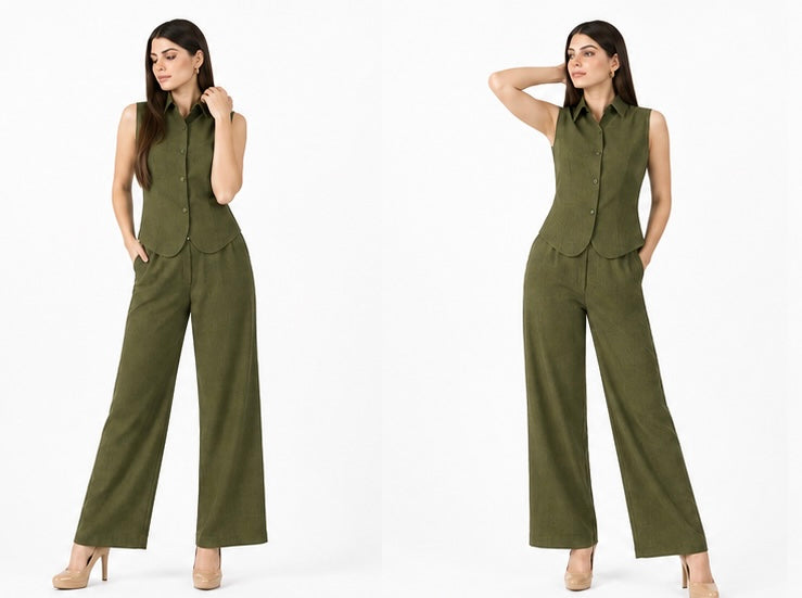Olive Green Cotton Co-Ord Set for Women | Sleeveless Waistcoat & Straight Fit Pants