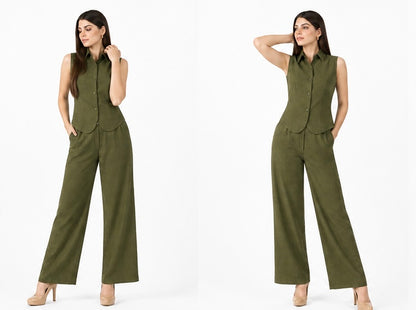 Olive Green Cotton Co-Ord Set for Women | Sleeveless Waistcoat & Straight Fit Pants