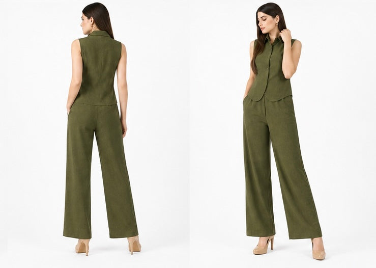 Olive Green Cotton Co-Ord Set for Women | Sleeveless Waistcoat & Straight Fit Pants