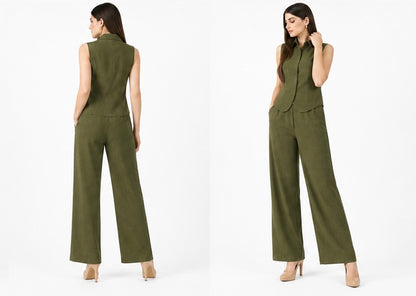 Olive Green Cotton Co-Ord Set for Women | Sleeveless Waistcoat & Straight Fit Pants