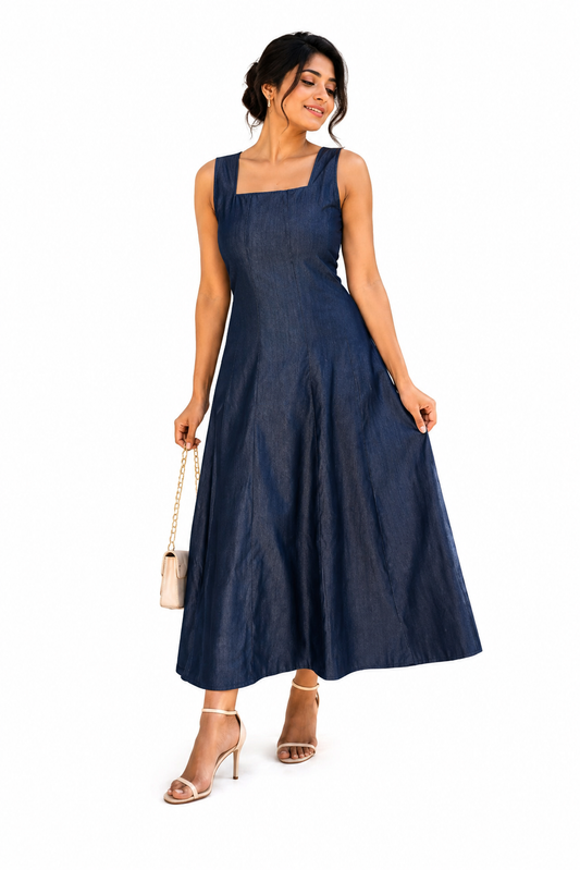 Midnight Grace Dress – Elegant Navy A-Line Dress