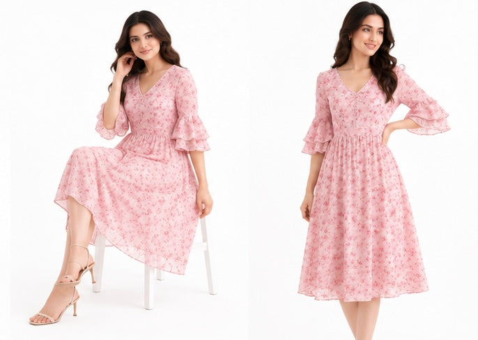 Blush Bloom Floral Georgette Midi Dress with Layered Bell Sleeves