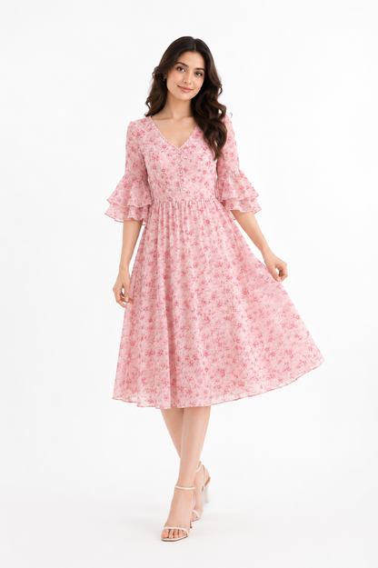 Blush Bloom Floral Georgette Midi Dress with Layered Bell Sleeves